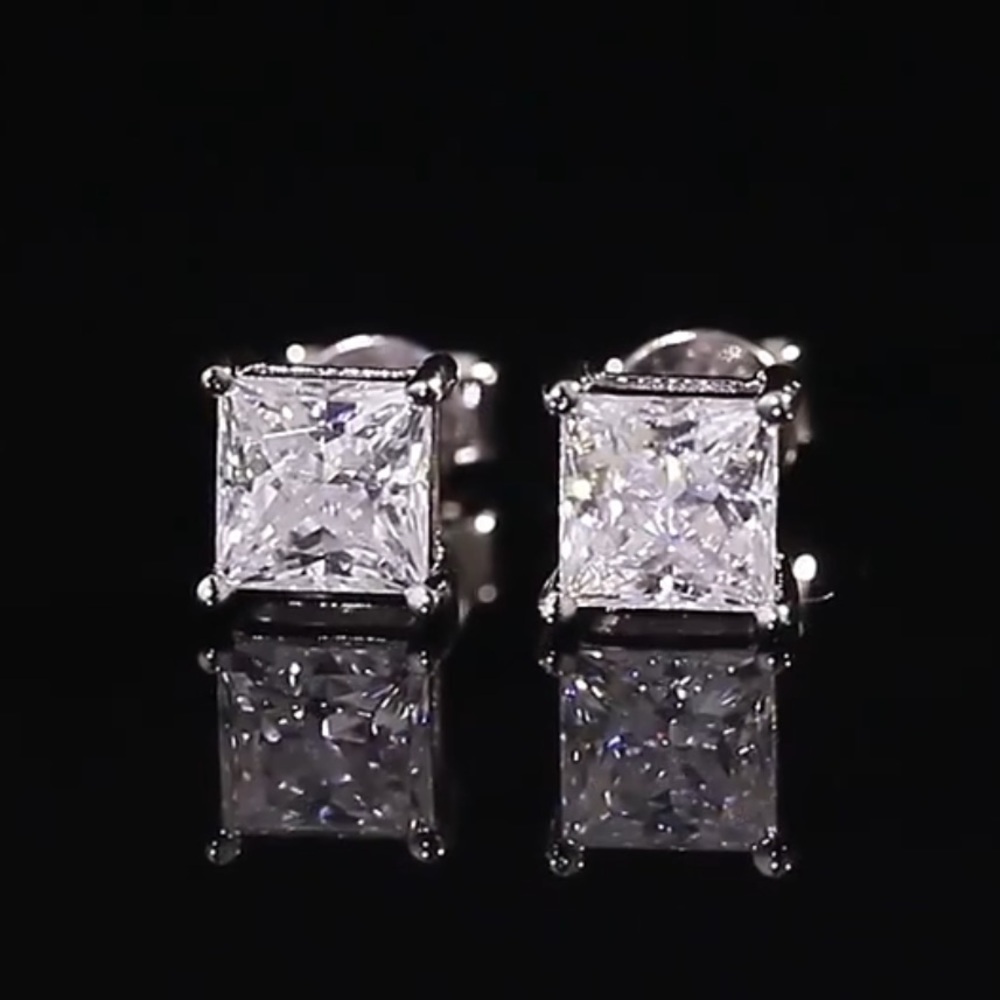 Moissanite 1 Carat Solitaire Princess Cut Fashion Stud Sterling Silver Earrings